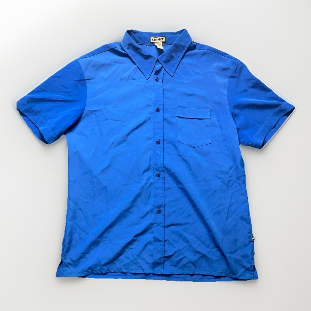 Vintage 90s Y2K YMLA Mens Shirt XL Blue Short Sleeve Button Front Club Kramer